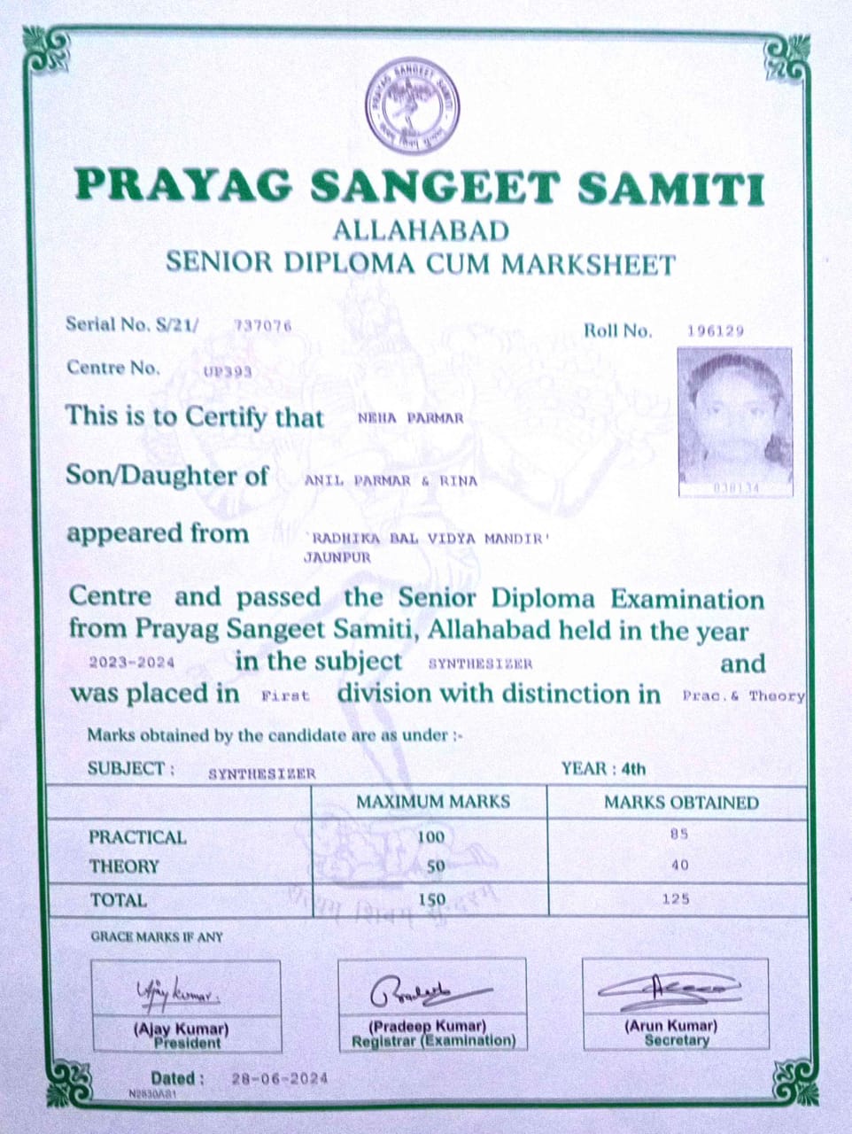 Neha Parmar instrumental music certification